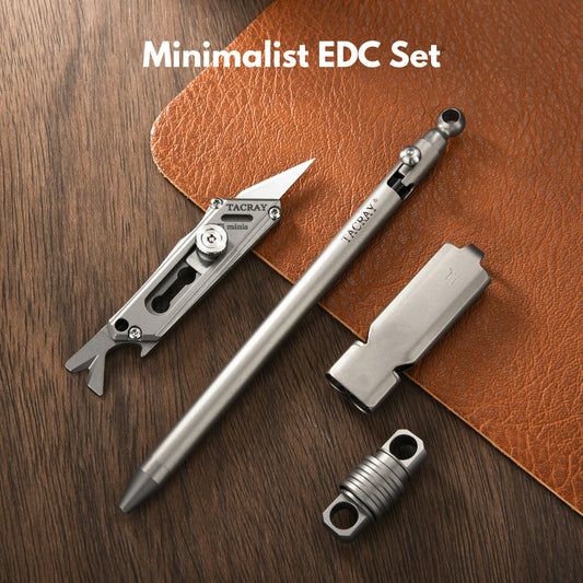 Tacray Minimalist EDC set with tools on a wooden surface