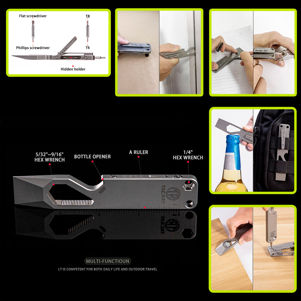 TACRAY Emergency Multitool, Titanium Pocket Pry Bar with Bottle Opener, Screw Drivers, Spanners & Staight Scale/Ruler