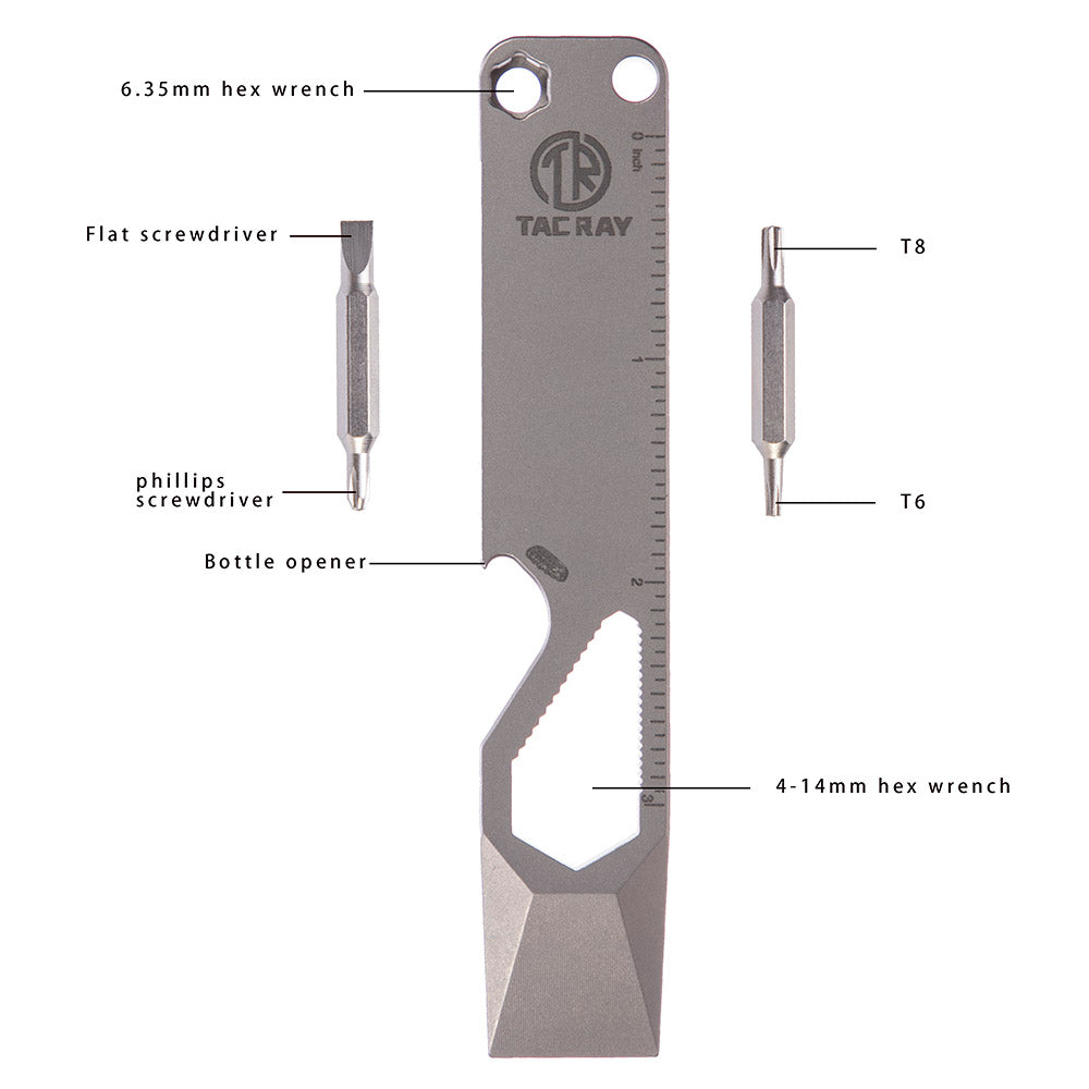 TACRAY Emergency Multitool, Titanium Pocket Pry Bar with Bottle Opener, Screw Drivers, Spanners & Staight Scale/Ruler