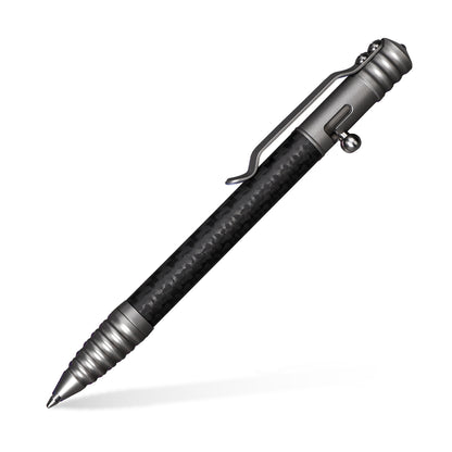 TACRAY Aerospace Grade Titanium Bolt-Action Tactical Pen with Carbon Fiber Grip, Glass Breaker & German Schmidt P900M Refill