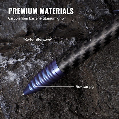 TACRAY Aerospace Grade Titanium Bolt-Action Tactical Pen with Carbon Fiber Grip, Glass Breaker & German Schmidt P900M Refill