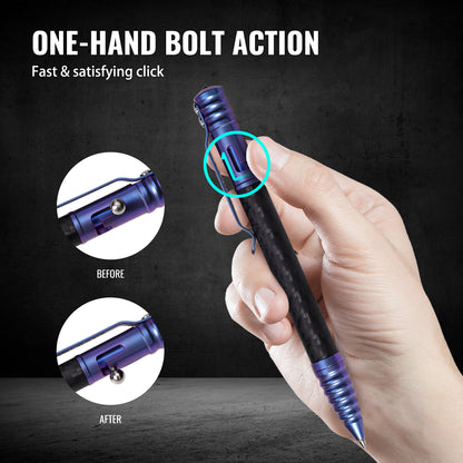 TACRAY Aerospace Grade Titanium Bolt-Action Tactical Pen with Carbon Fiber Grip, Glass Breaker & German Schmidt P900M Refill