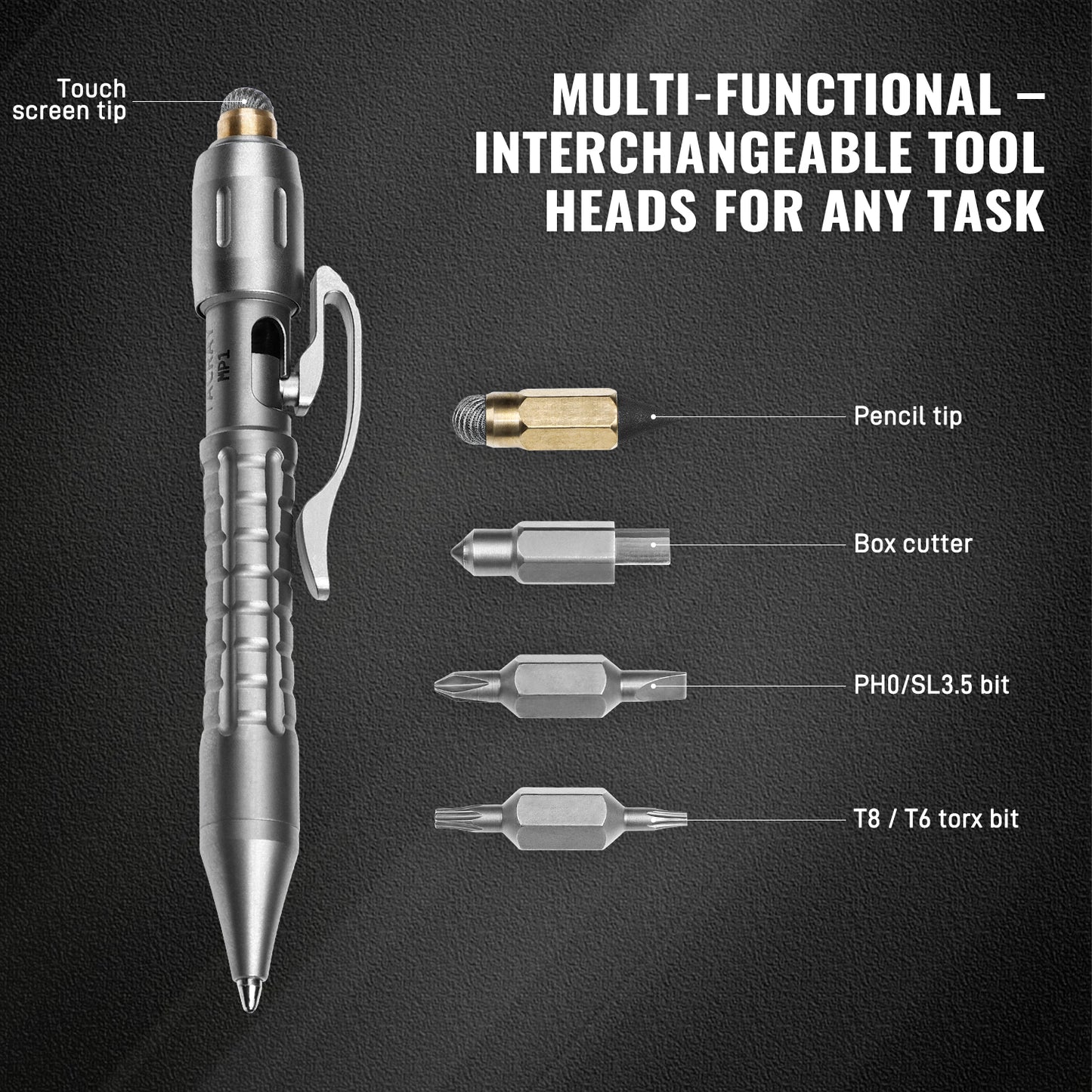 Tacray MP1 EDC Mini Titanium Pen with Replaceable Bits, Box cutter, Tungsten Tip, Screwdrivers, Pencil & Stylus