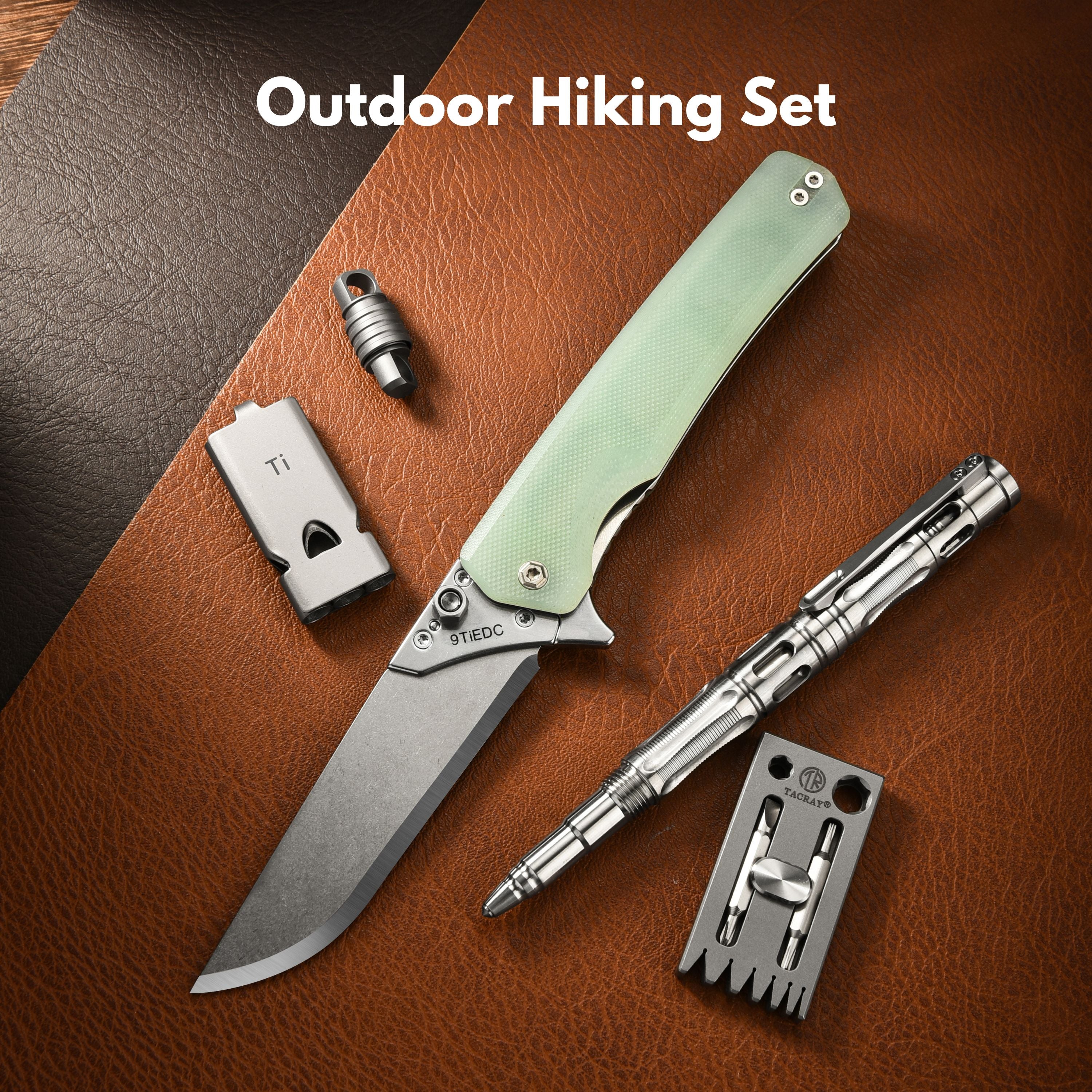 Tacray Outdoor hiking set with knife, pen, and tools on a brown leather surface