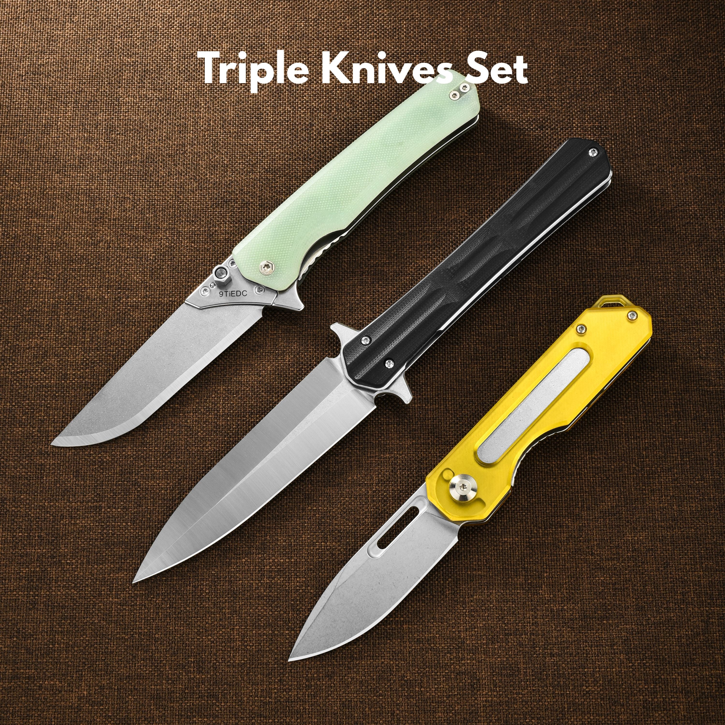 Tacray Triple knives set with green, black, and yellow handles on a brown background