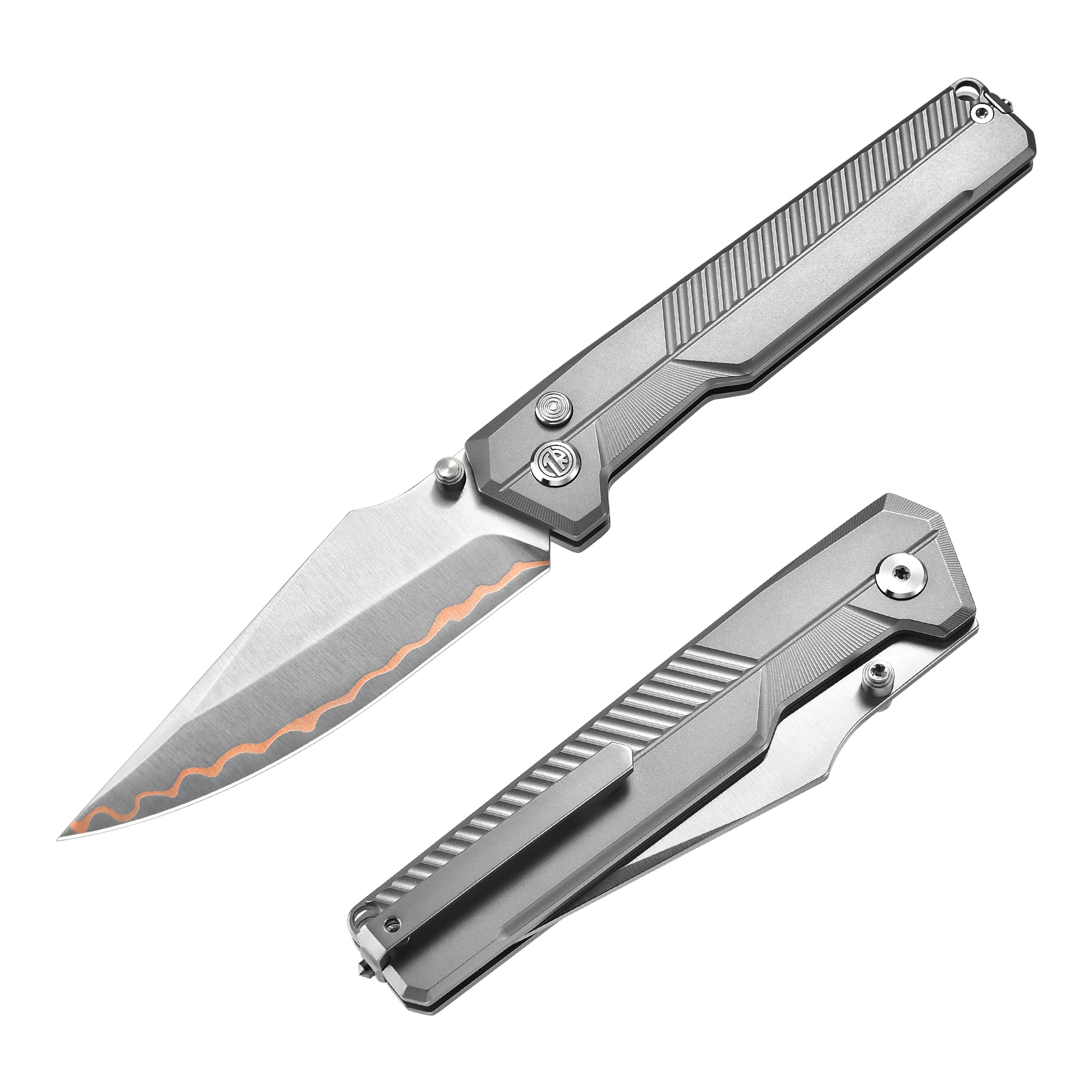 Tacray TIRAN II Titanium Folding Knife titanium grey front and rear