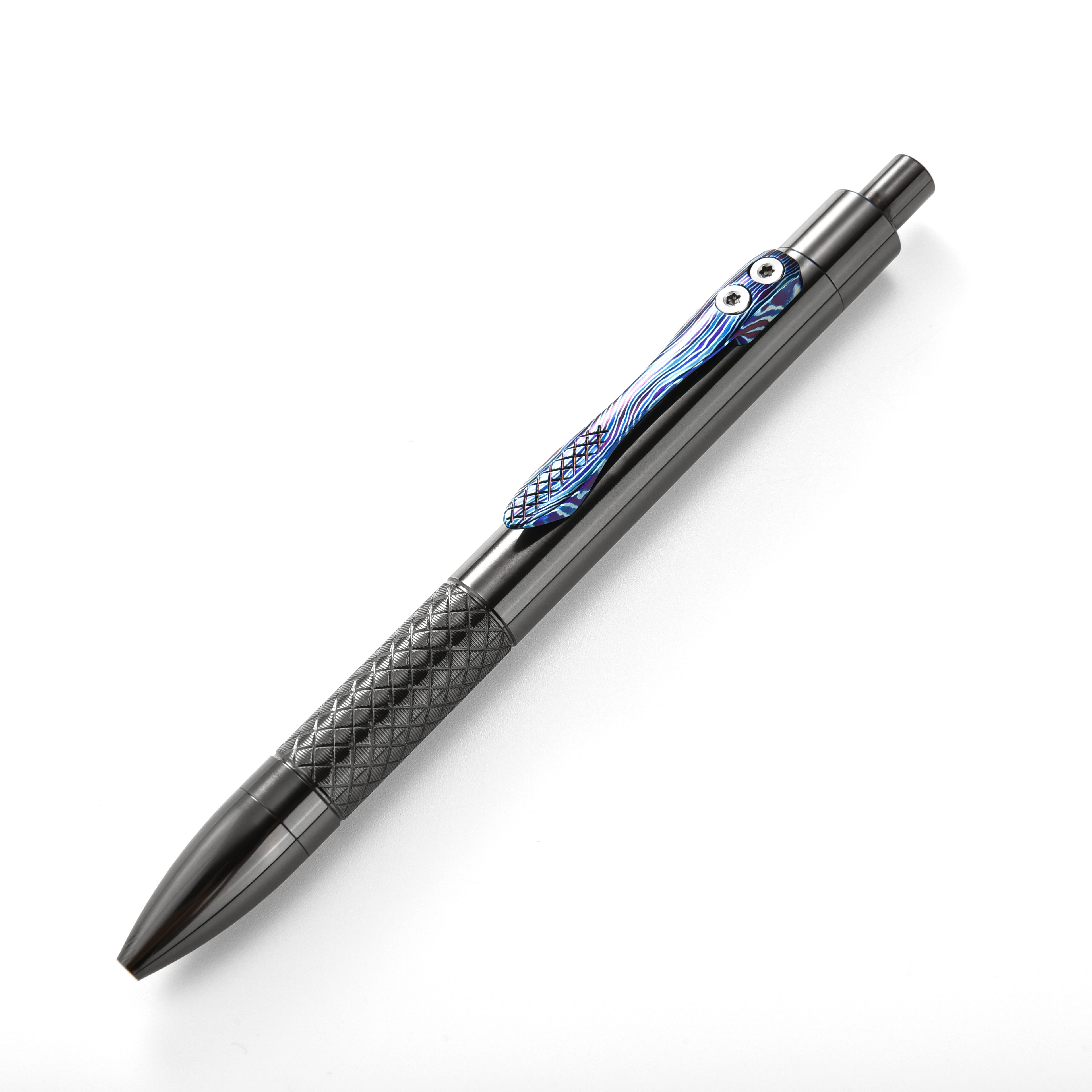 Tacray Zirconium Alloy EDC Pen with Damascus Titanium Clip checkered full look