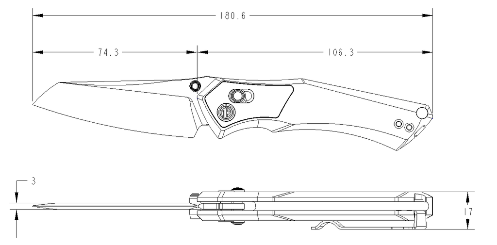 Technical drawing of a folding knife with dimensions Tacray Talos
