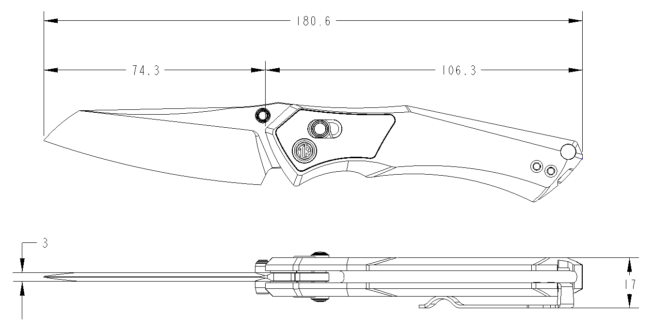 Technical drawing of a folding knife with dimensions Tacray Talos