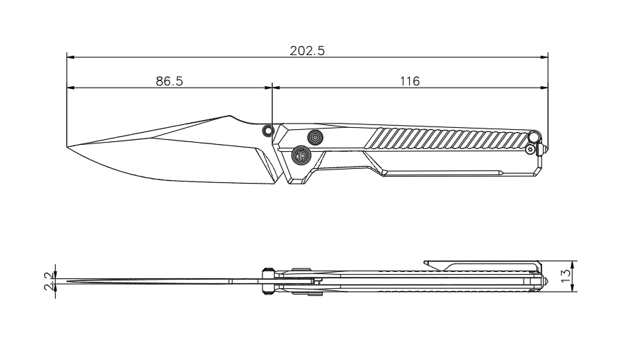 TIRAN 2 Technical drawing of a folding knife with dimensions on a white background