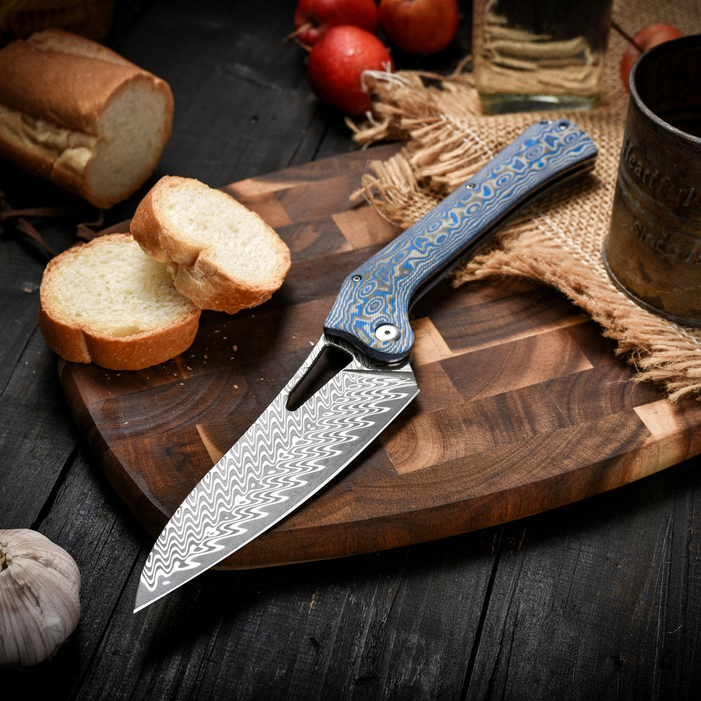Tacray Damascus Folding Chef Knife with Micarta Handle