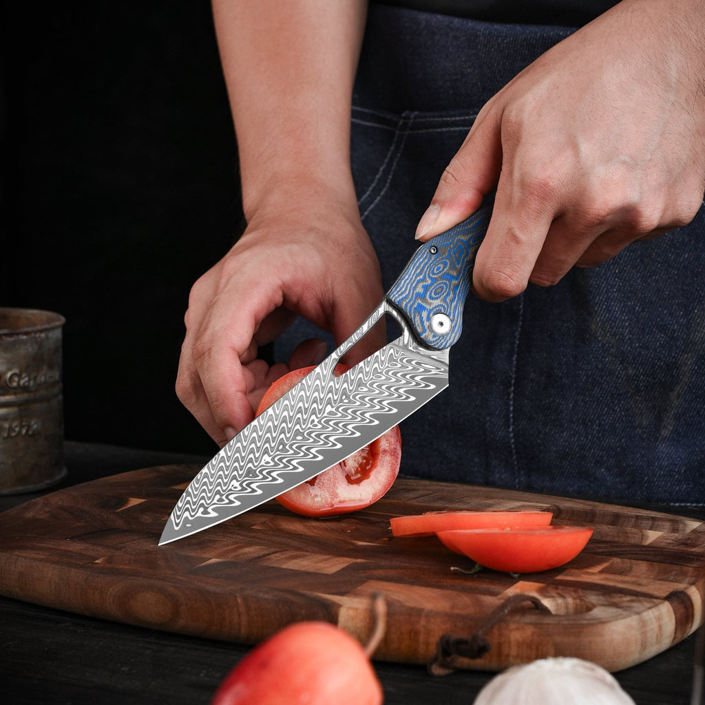 Tacray Damascus Folding Chef Knife with Micarta Handle